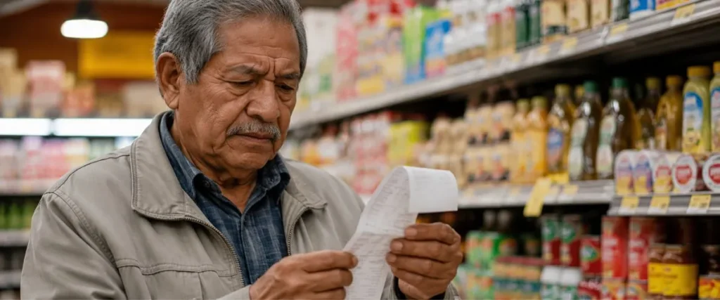 Pensionado colombiano revisando tiquete de supermercado afectado por la inflación en 2026