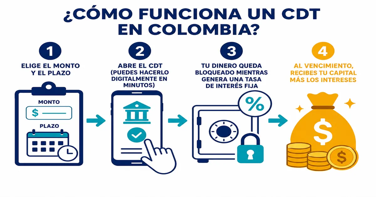 Flujo visual de 4 pasos para abrir un CDT en Colombia: elegir monto y plazo, apertura digital en minutos, dinero bloqueado ganando tasa fija, y cobro de capital más intereses al vencimiento