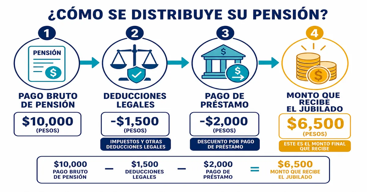 Diagrama mostrando el flujo del descuento de un crédito de libranza: la mesada bruta, los descuentos legales, la cuota del crédito que va directo al banco, y el saldo final que recibe el pensionado
