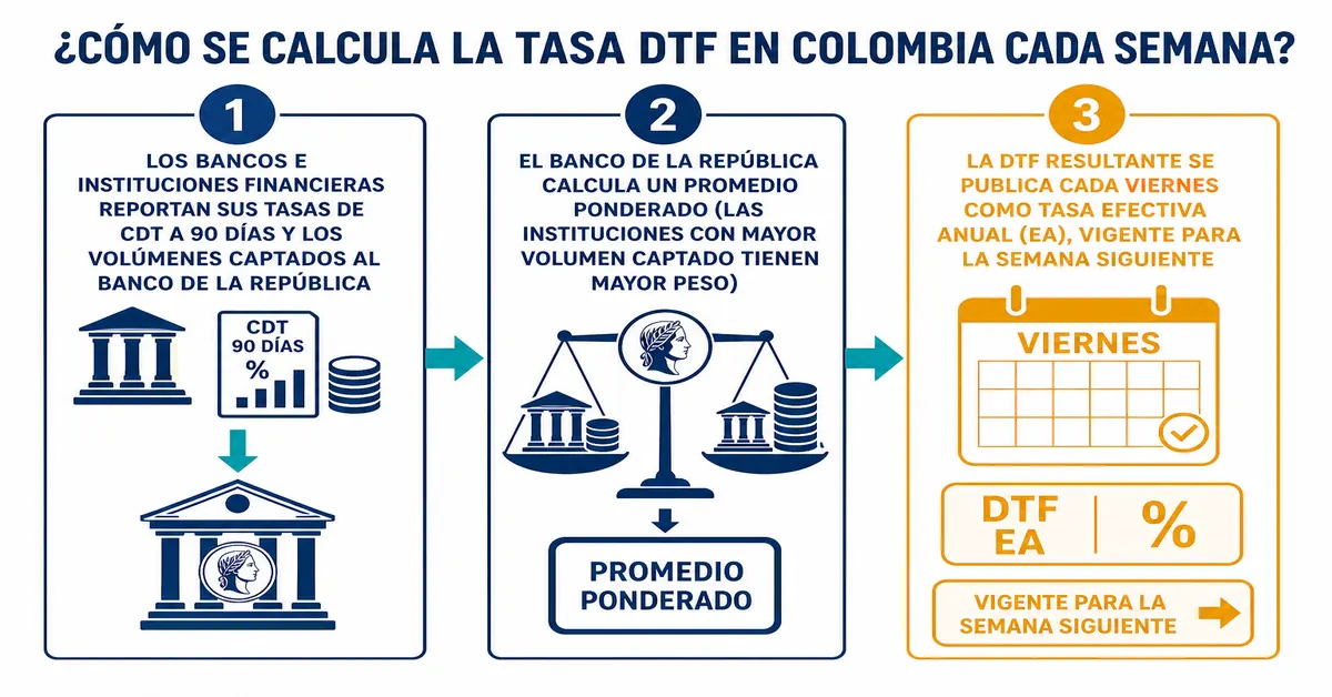 Proceso semanal de cálculo del DTF en Colombia: bancos reportan tasas de CDT a 90 días al Banco de la República, que pondera por volumen captado y publica el resultado cada viernes como tasa efectiva anual