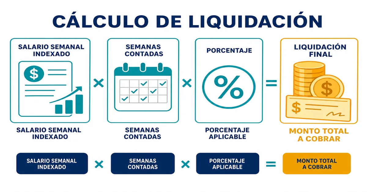 Infografía mostrando la fórmula de la indemnización sustitutiva en Colpensiones: salario base semanal indexado multiplicado por semanas cotizadas multiplicado por la tasa promedio ponderada de cotización