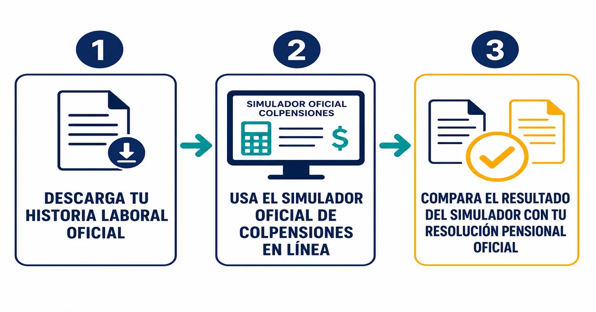 Flujo de 3 pasos para verificar la liquidación de una pensión en Colpensiones: descargar la historia laboral, usar el simulador oficial de la Sede Electrónica y comparar el resultado contra la resolución