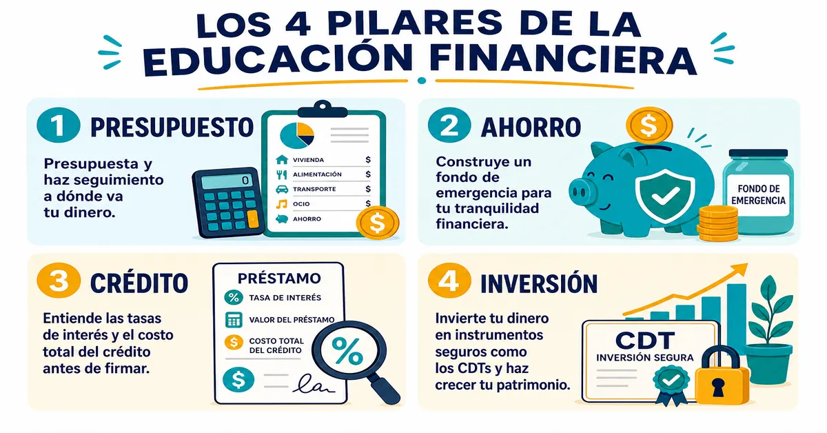 Ilustración de los cuatro pilares de la educación financiera en Colombia: presupuesto mensual, ahorro de emergencia, uso responsable del crédito e inversión básica en instrumentos seguros