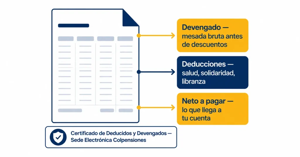 Esquema del desprendible de pago de Colpensiones: documento con tres bloques — valor devengado (mesada bruta), deducciones (salud, solidaridad, libranza) y neto a pagar