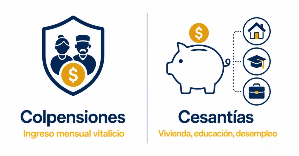 Comparación visual entre la pensión de Colpensiones y las cesantías, administradas por entidades distintas