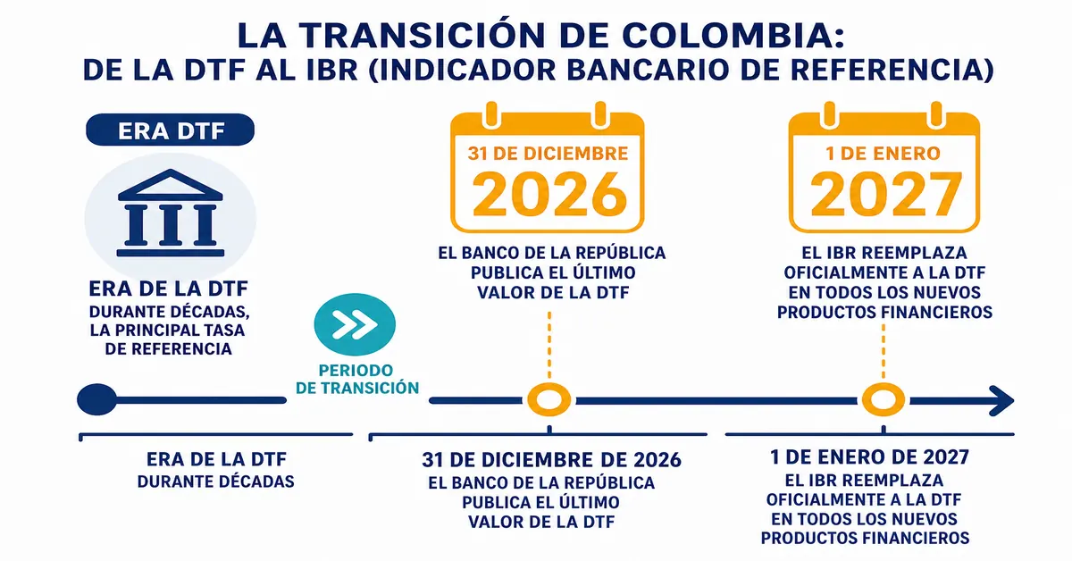 Línea de tiempo de la transición del DTF al IBR en Colombia: el Banco de la República publica el último DTF el 31 de diciembre de 2026 y el IBR reemplaza al DTF como tasa de referencia desde el 1 de enero de 2027