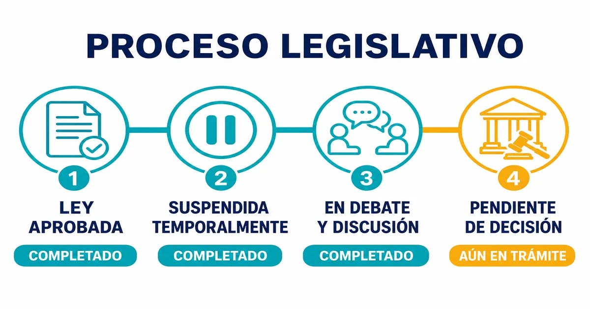Línea de tiempo mostrando los eventos clave de la reforma pensional colombiana: aprobación en 2024, suspensión por la Corte Constitucional en junio de 2025, redebate en la Cámara de Representantes en junio de 2026 y fallo final pendiente de la Corte