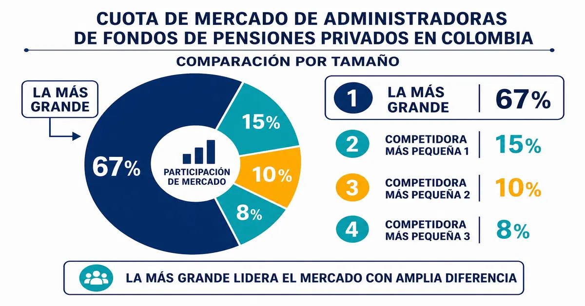 Gráfico de participación de mercado de los fondos de pensiones privados en Colombia mostrando a Porvenir con cerca del 48 por ciento del valor administrado y más del 62 por ciento de los afiliados frente a Protección, Colfondos y Skandia