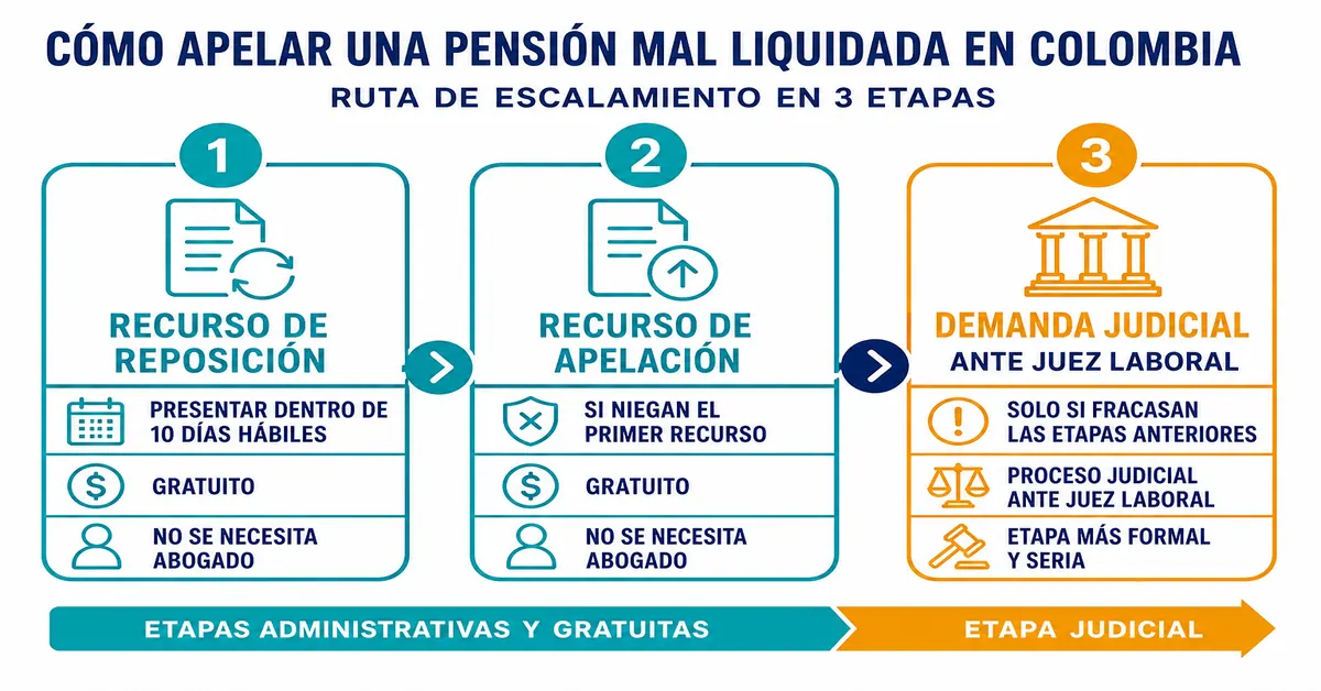 Línea de tiempo de reclamación de una pensión mal liquidada en Colpensiones: recurso de reposición en 10 días hábiles, recurso de apelación posterior y demanda ante juez laboral como última instancia