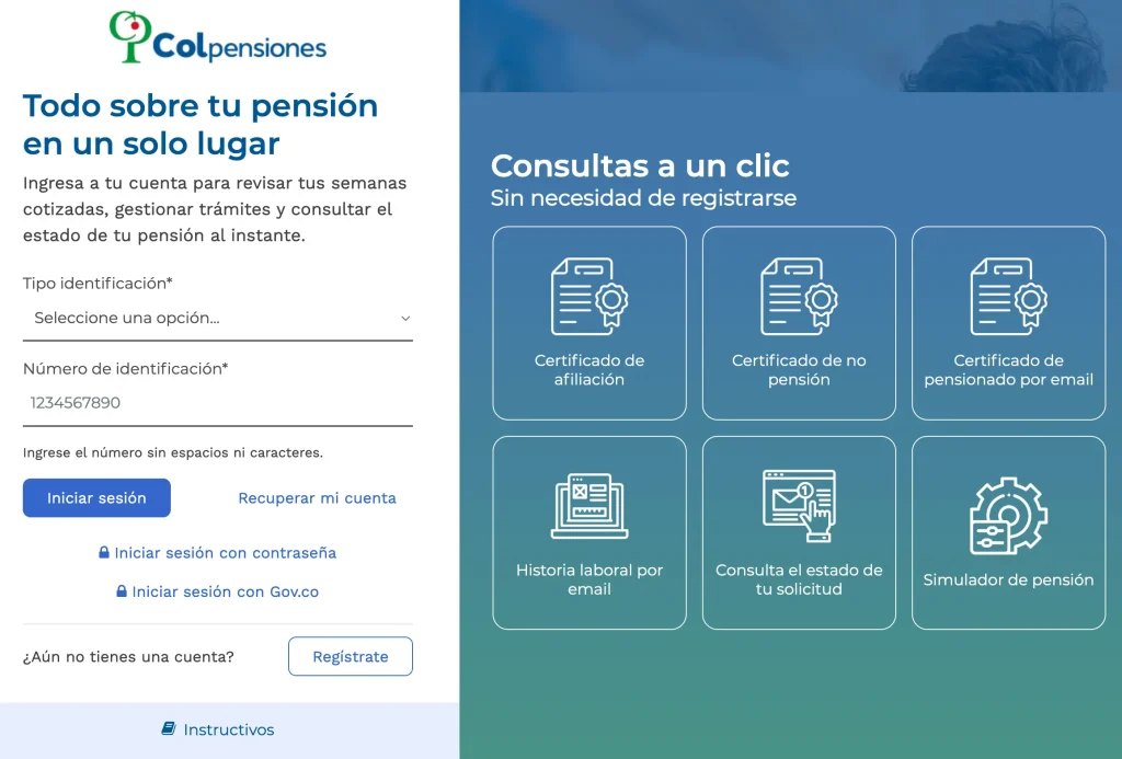 Interfaz visual de la sección de inisio de sesión o registro del sitio web de Colpensiones
