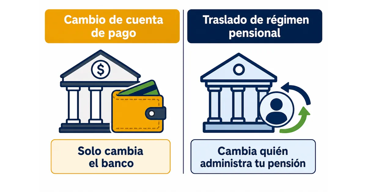 Diferencia entre cambiar el banco de pago de tu pensión y trasladarte de régimen pensional: el primero solo mueve la cuenta donde llega tu mesada, el segundo cambia quién administra tu pensión.
