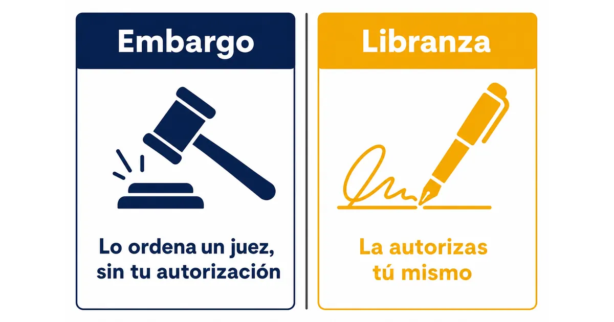 Diferencia entre un embargo judicial y el descuento por libranza sobre tu pensión: el embargo lo ordena un juez sin autorización, la libranza la autorizas tú con un tope legal del 50%.