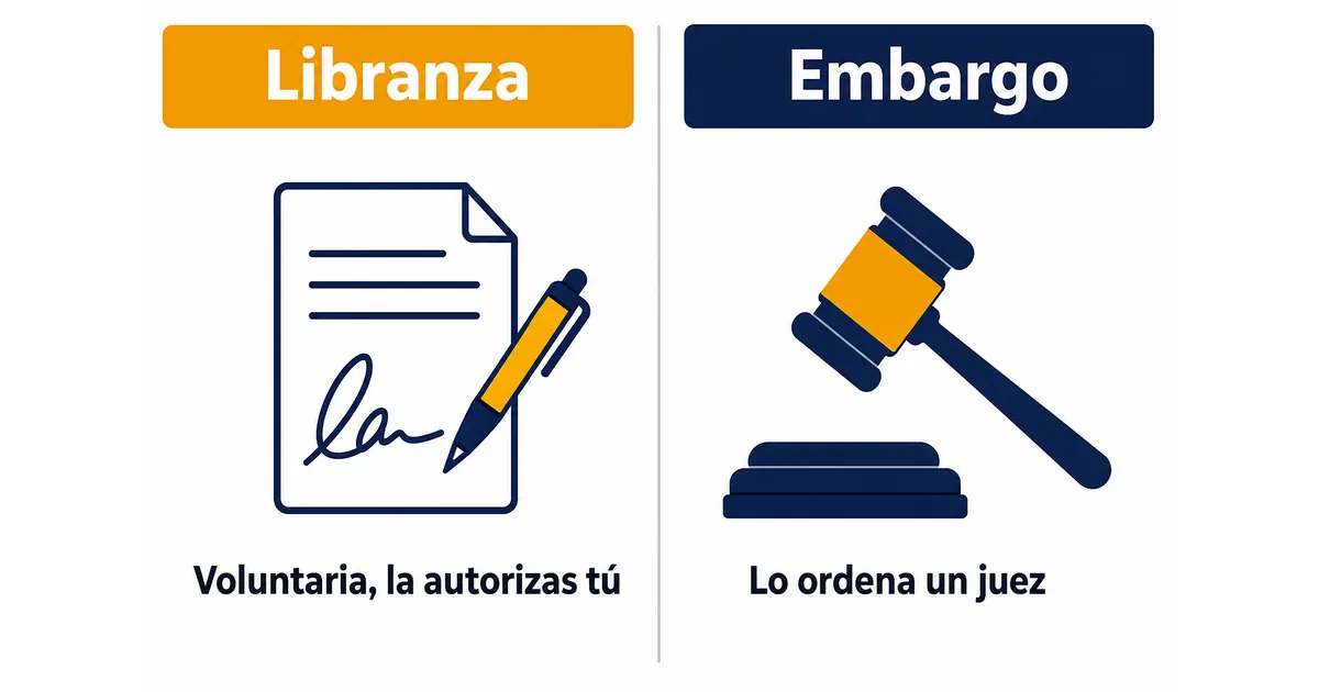 Comparación entre el descuento por libranza y un embargo judicial sobre la pensión: la libranza es voluntaria y tiene tope del 50%, el embargo lo ordena un juez sin tu autorización.