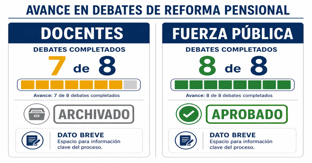 Comparativa del trámite legislativo de la mesada 14 en 2026: docentes con 7 de 8 debates y archivado, Fuerza Pública con 8 de 8 y aprobado