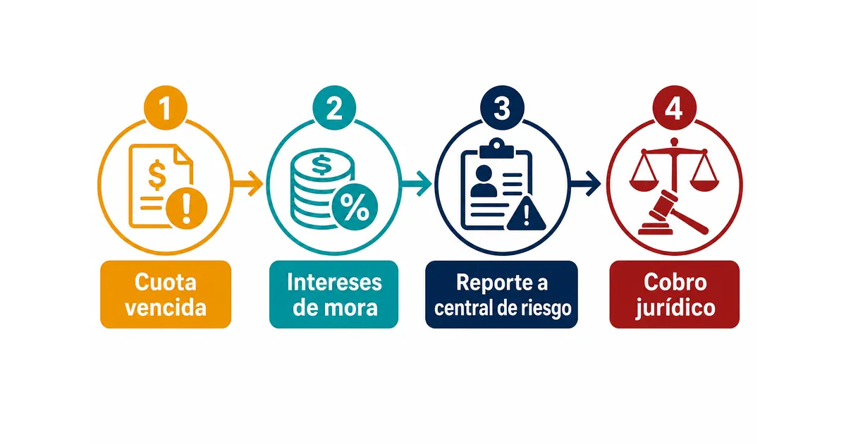 Línea de tiempo del escalamiento de una mora en crédito de libranza: cuota vencida, intereses, reporte y cobro jurídico