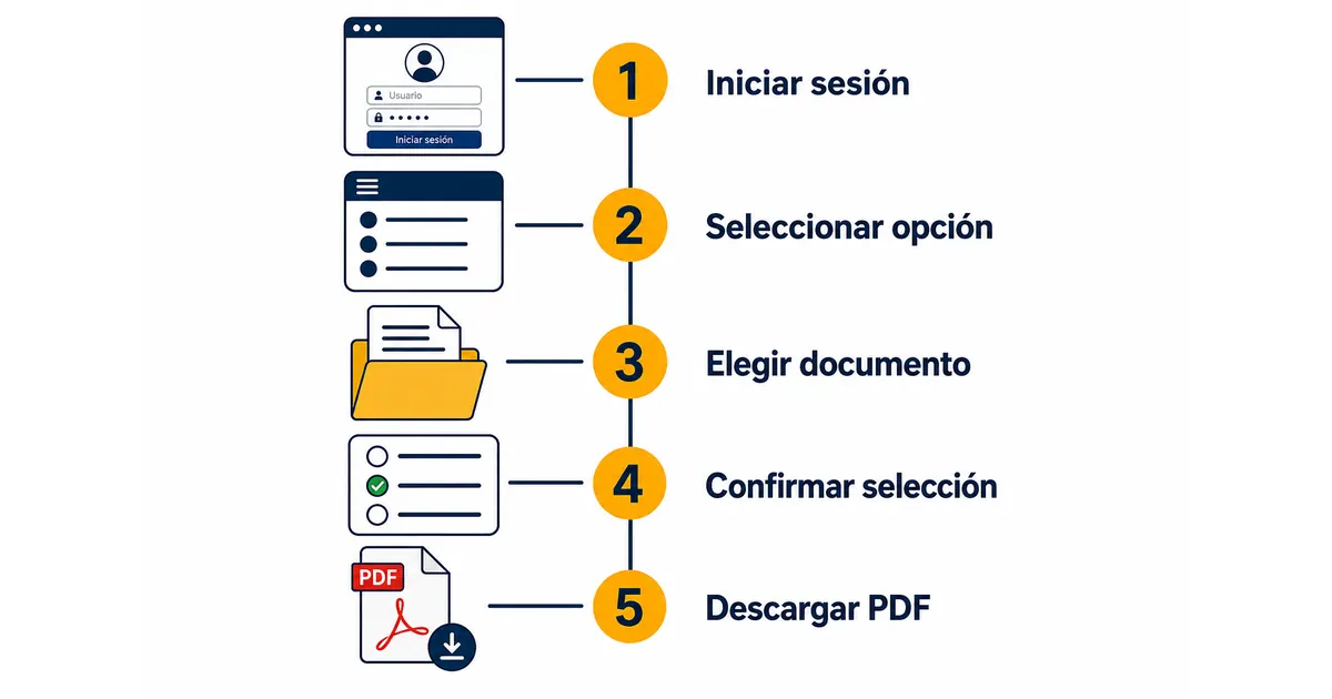 Flujo de 5 pasos para descargar el certificado de afiliación a Colpensiones desde la Sede Electrónica hasta el PDF generado