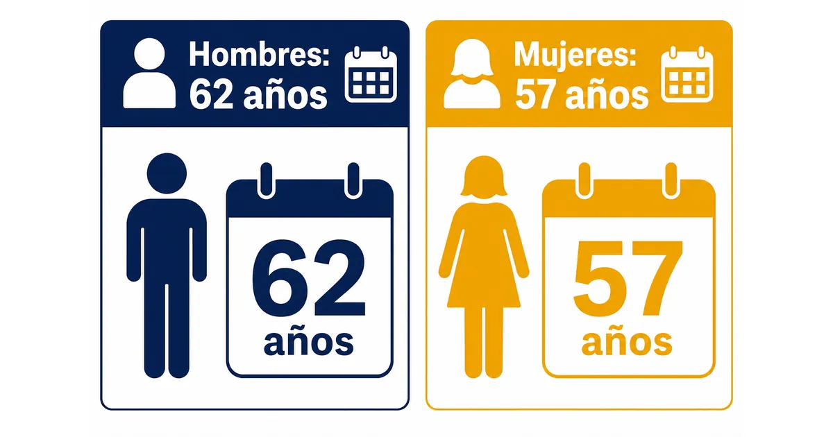 Comparación visual de la edad mínima de pensión en Colombia en 2026: 62 años para hombres y 57 años para mujeres