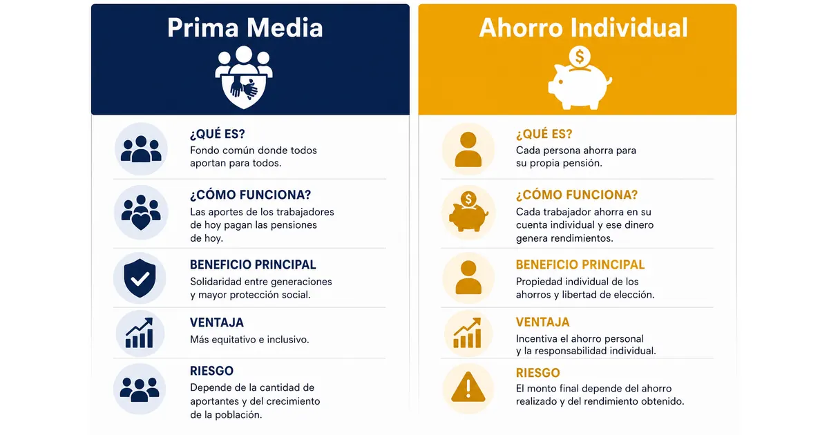 Comparación visual entre el Régimen de Prima Media de Colpensiones y el Régimen de Ahorro Individual de los fondos privados de pensión