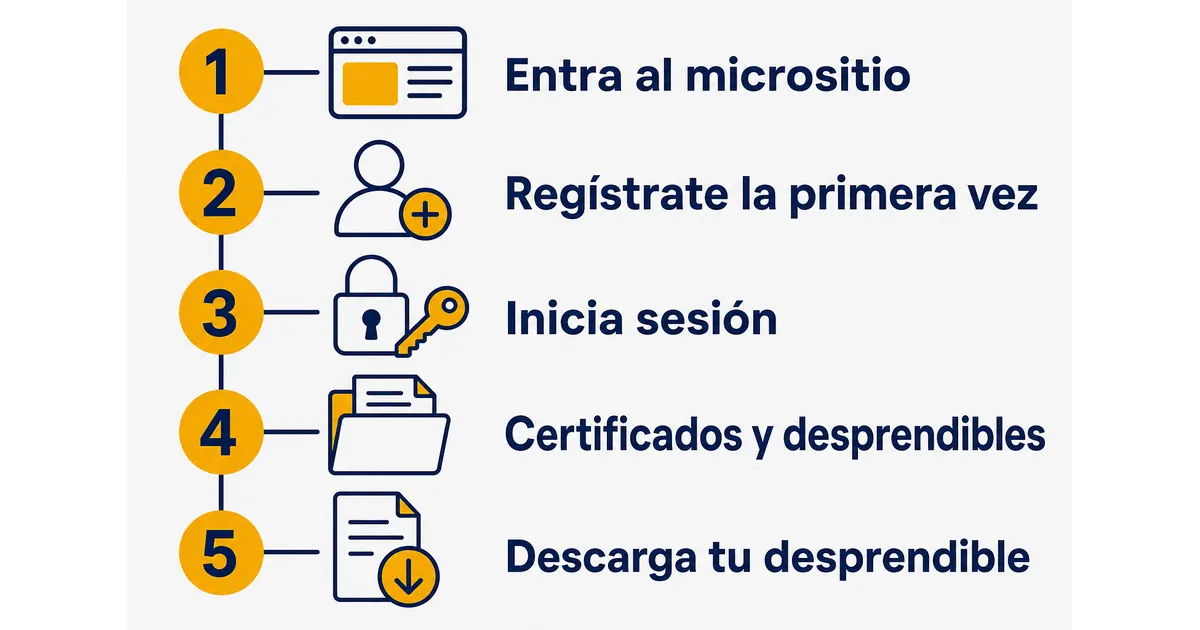 Infografía paso a paso para descargar el desprendible de CASUR en el portal: entrar al micrositio, registrarse la primera vez, iniciar sesión, abrir certificados y desprendibles y descargar el documento