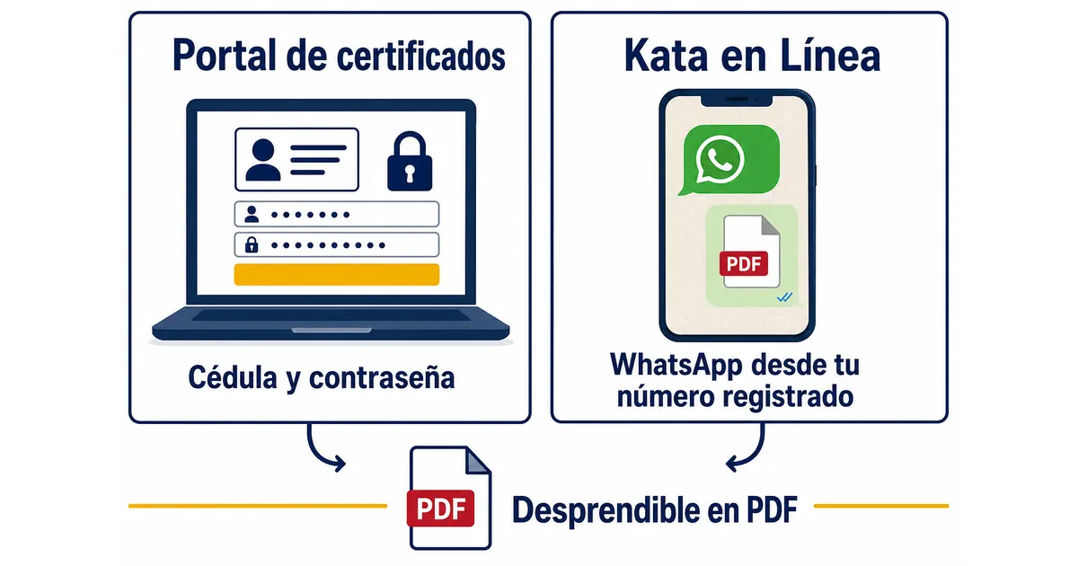 Comparativa de las dos formas oficiales de obtener los desprendibles de CASUR: portal de certificados con cédula y contraseña o Kata en Línea por WhatsApp desde el número registrado, con entrega en PDF