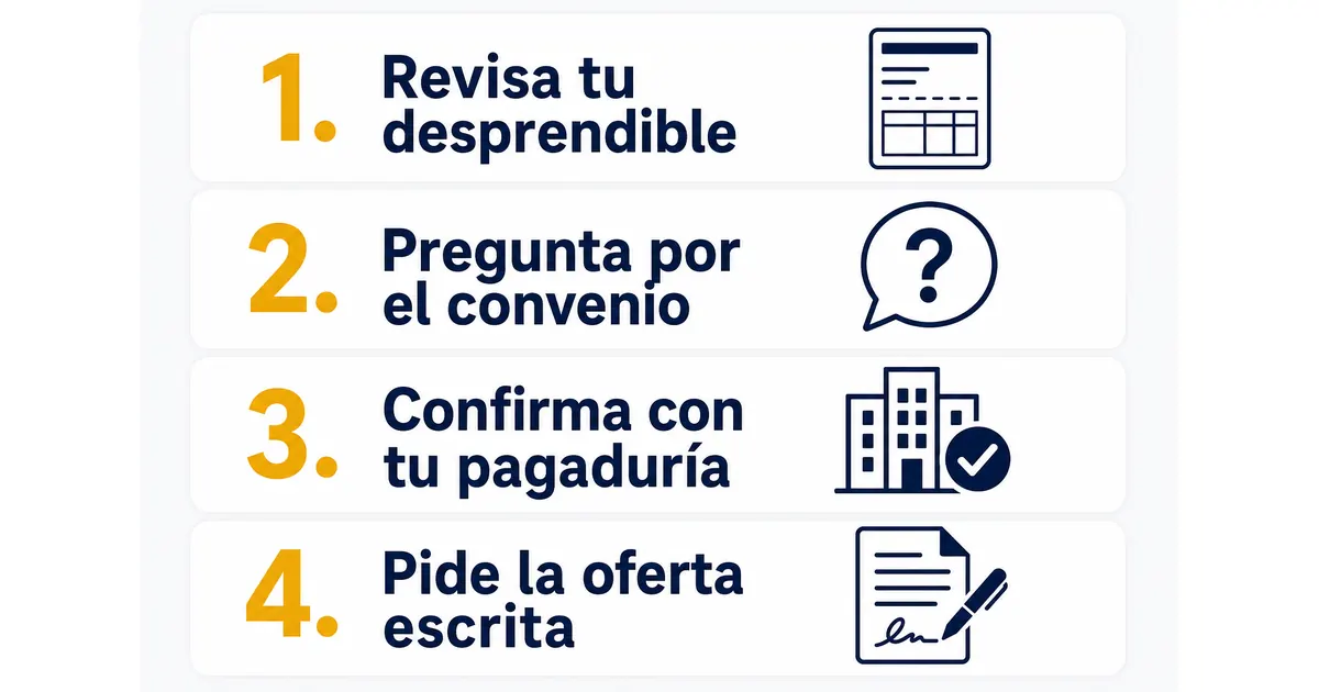 Cuatro pasos para que un pensionado verifique el convenio de libranza: revisar el desprendible, preguntar por el convenio, confirmar con la pagaduría y pedir la oferta escrita antes de firmar