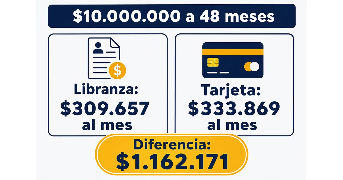 Ejemplo de créditos para pensionados: un préstamo de $10.000.000 a 48 meses cuesta $309.657 al mes con libranza y $333.869 con tarjeta a la tasa de usura, una diferencia total de $1.162.171