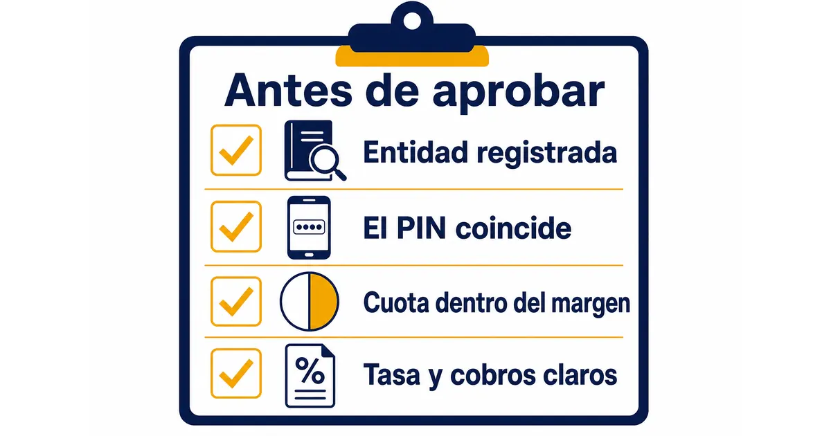 Lista de verificación antes de aprobar una libranza: entidad registrada, el PIN coincide, la cuota está dentro del margen y la tasa y los cobros están claros