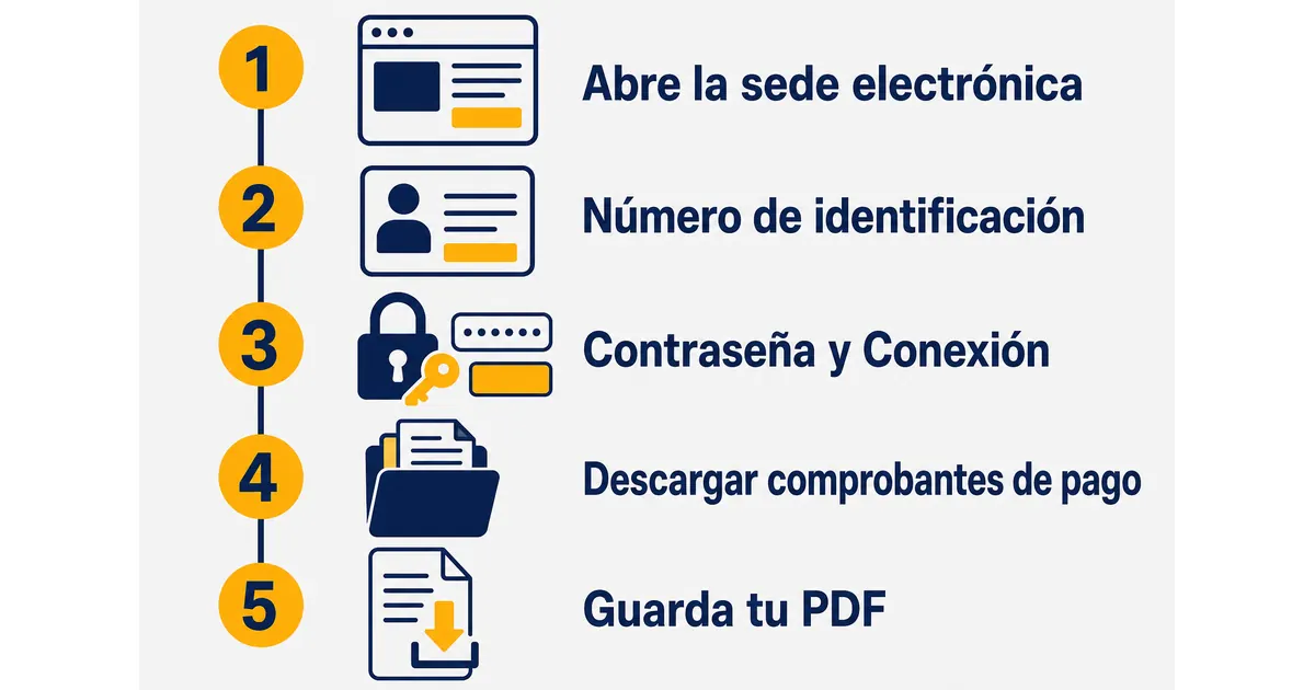 Infografía paso a paso para descargar el desprendible de CREMIL: abrir la sede electrónica, escribir el número de identificación, la contraseña, abrir descargar comprobantes de pago y guardar el PDF