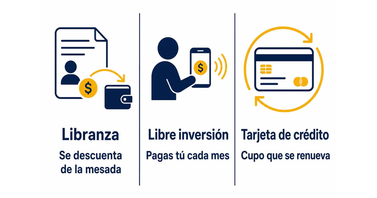 Comparación de cómo se paga cada crédito para pensionados: la libranza se descuenta de la mesada, la libre inversión la pagas tú cada mes y la tarjeta de crédito es un cupo que se renueva