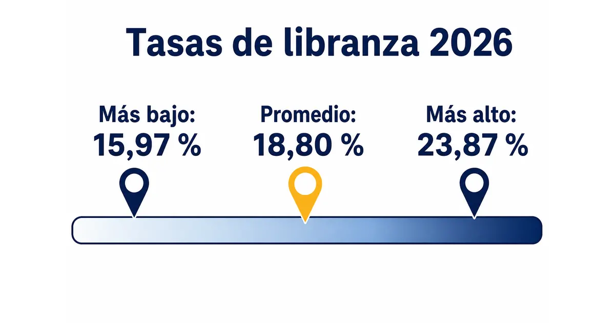 Escala de tasas de libranza por banco en 2026 según la Superintendencia Financiera: promedio más bajo 15,97 %, promedio del mercado 18,80 % y promedio más alto 23,87 % efectivo anual