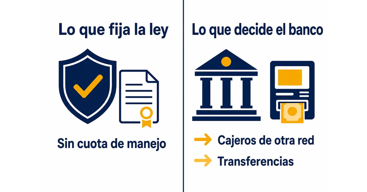 Comparación visual para pensionados: a la izquierda lo que fija la ley, como no pagar cuota de manejo, y a la derecha lo que decide cada banco, como el costo de cajeros de otra red y de las transferencias